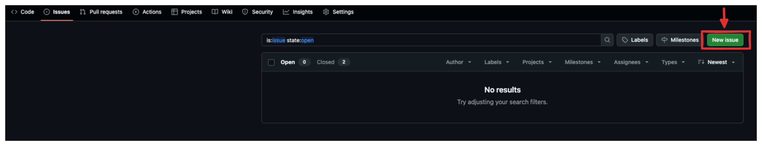 github issues interface, creating an issue with the new issue button