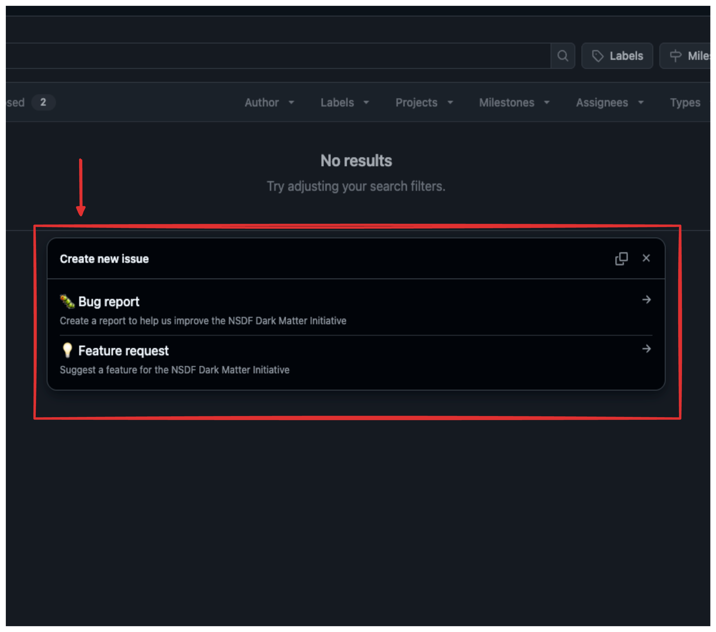 github issues interface, selecting the type of issue